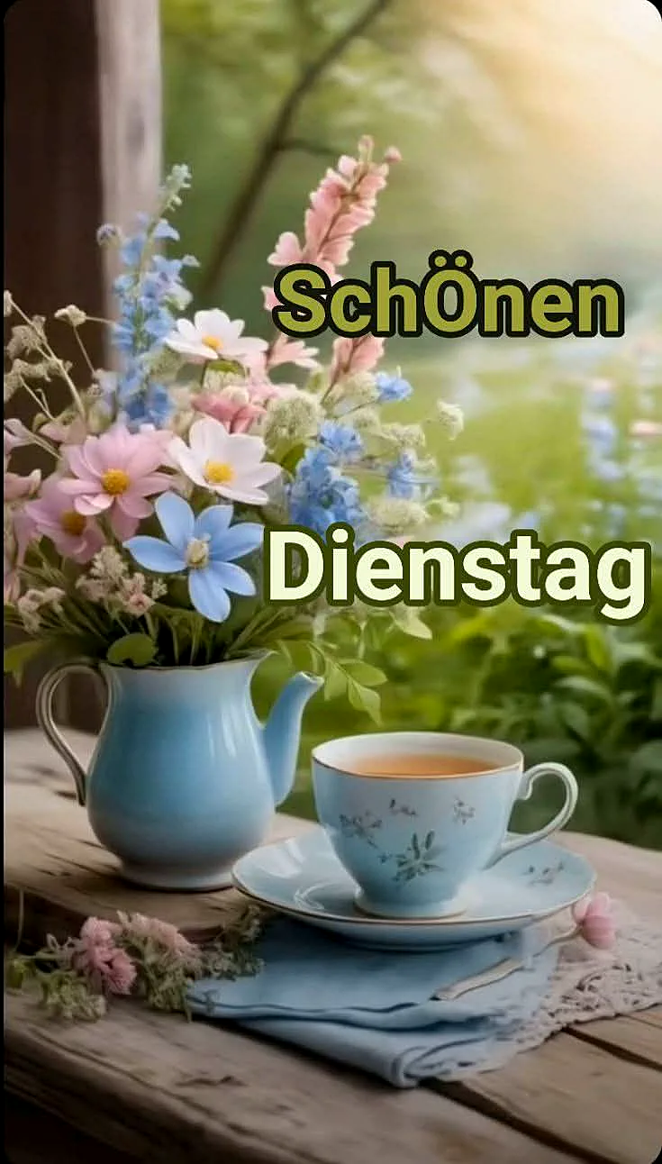 Ein Blumenstrauß in einem blauen Krug neben einer Tasse Tee auf einem Holztisch im Freien, Sonnenlicht fällt darauf.