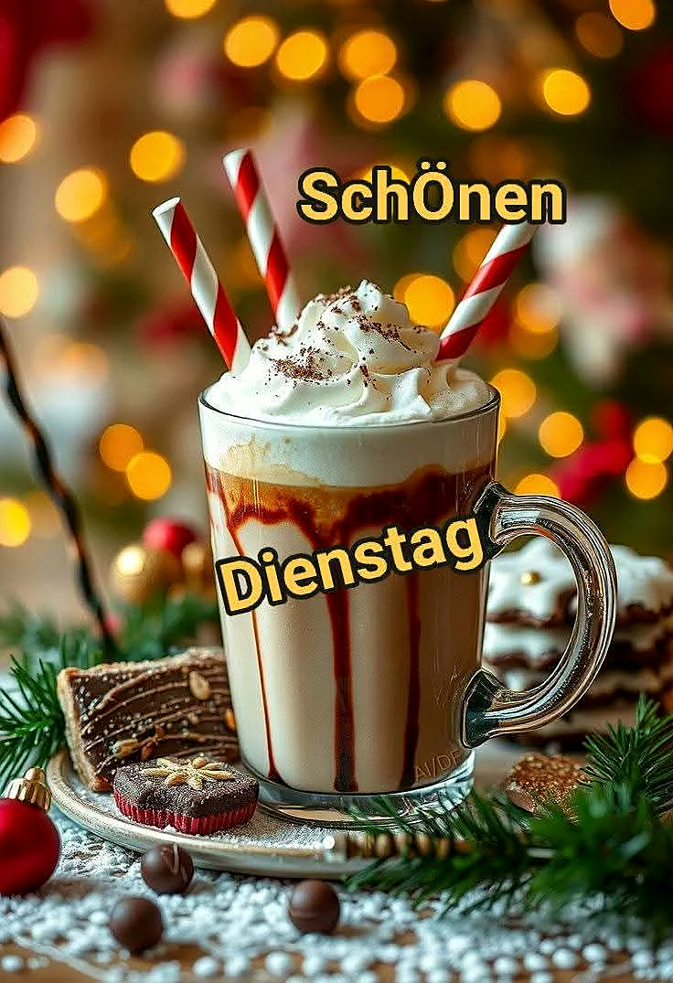 Ein Glas Kakao mit Schlagsahne und Streuseln, umgeben von Weihnachtsdekorationen und einem Teller mit Schokoladenkuchen und Pralinen.