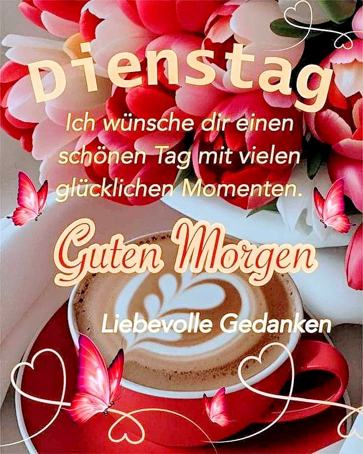 Morgenkaffee mit Herz-Latte-Art auf roter Untertasse. Umgeben von leuchtend roten Blüten und zarten Schmetterlingen, vermittelt das Bild eine warme, fokussierte Dienstagsstimmung.