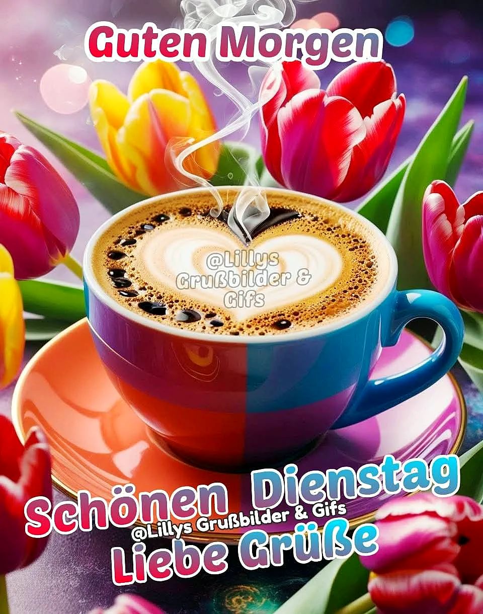 Ein farbenfroher Kaffeebecher mit Tulpen, Dampf steigt auf, ein Herz aus Schaum auf dem Kaffee.