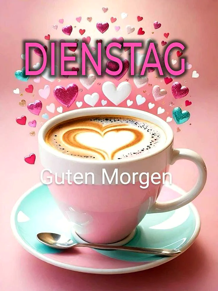 Ein rosa Kaffeebechter mit einer Herzdekoration auf dem Kaffee, umgeben von kleinen Herzchen, auf einem rosa Hintergrund mit einer leichten Beleuchtung.