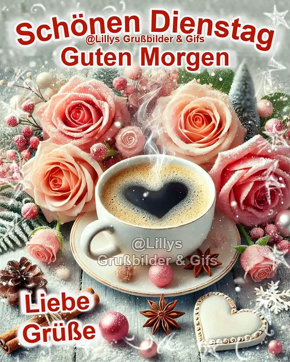 Ein herzliches Guten-Morgen-Bild mit einer Tasse Kaffee, die ein Herz aus Schaum aufweist, umgeben von rosa Rosen, Weihnachtsdekorationen und einem herzförmigen Keks auf einem Schneetablett.