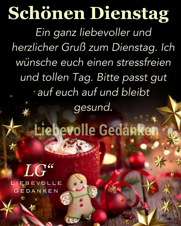 Ein Bild mit einem roten Weihnachtsbecher, einem Lebkuchenmann und roten Weihnachtskugeln, umgeben von goldenen Sternen auf einem dunklen Hintergrund.