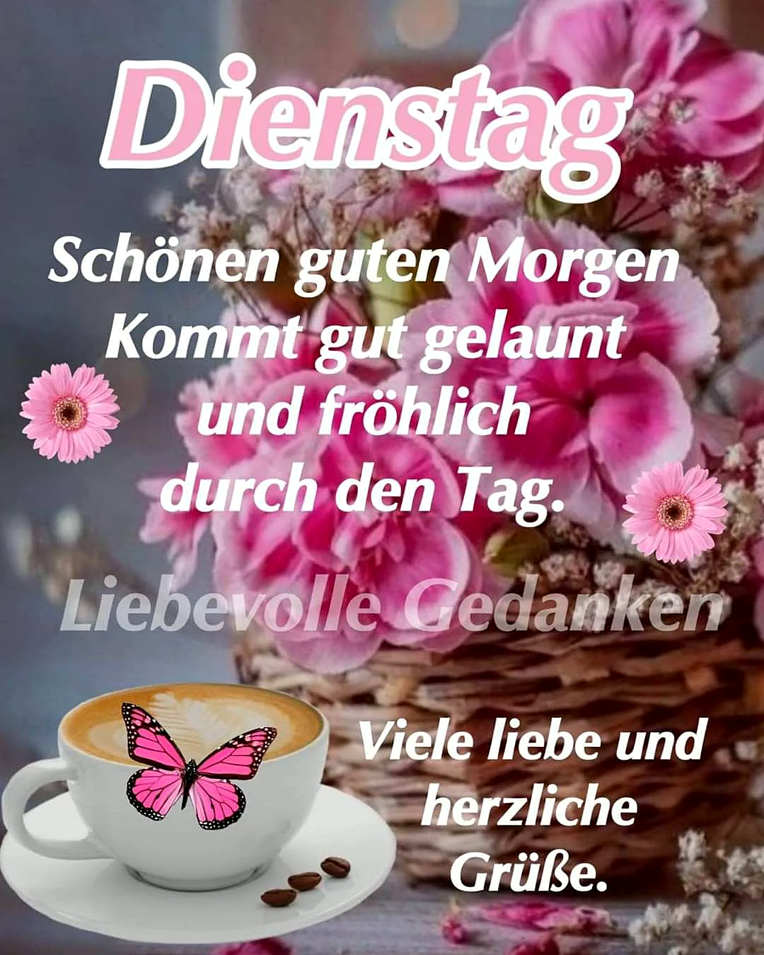 Morgenbild mit leuchtend pinken Blüten und einer weißen Kaffeetasse. Ein rosa Schmetterling ziert den Latte Art. Drei Kaffeebohnen liegen daneben. Die Szene strahlt freundliche Dienstagsstimmung aus.