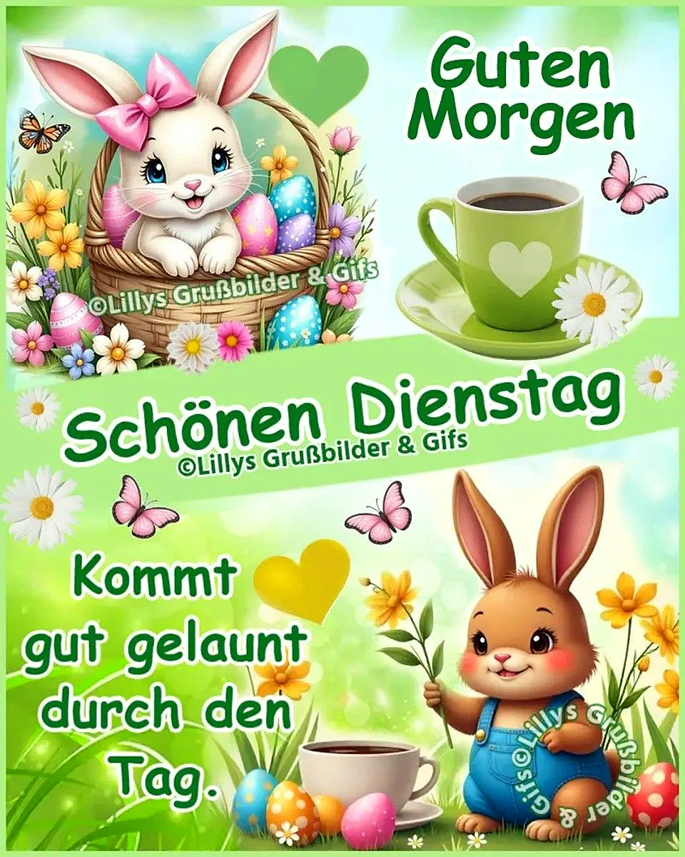 Cartoon-Bild für Schönen Dienstag. Ein Hase sitzt im Osterkorb mit Eiern. Ein weiterer Hase in Latzhose hält Blumen. Dazu Kaffee, Schmetterlinge und Gänseblümchen. Eine frühlingshafte, freundliche und ruhige Tagesstimmung.