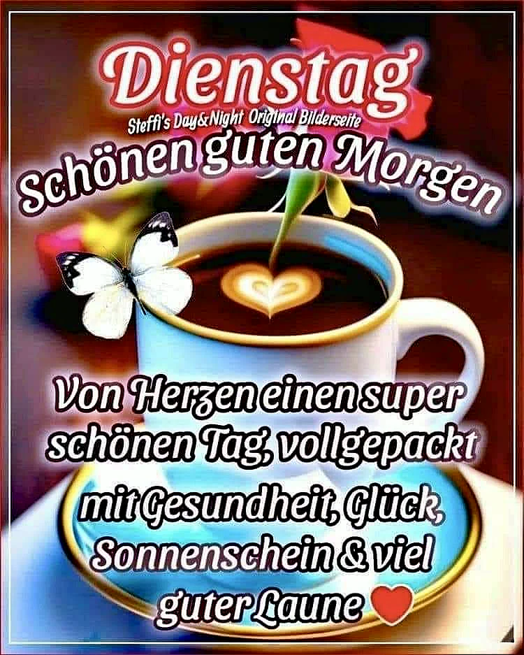 Ein weißer Kaffeebecher mit einem Herz aus Kaffee auf der Oberfläche, ein weißer Schmetterling sitzt darauf, goldener Rand, auf einem blauen Teller, warmer Hintergrund