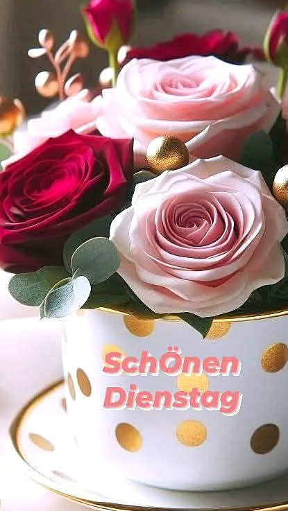 Ein eleganter Blumenstrauß mit zartrosa und tiefroten Rosen, arrangiert in einer weißen Tasse mit goldenen Punkten. Dazu funkelnde goldene Akzente und der Gruß 'Schönen Dienstag'.