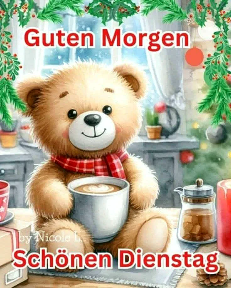 Ein lächelnder, flauschiger Teddybär sitzt gemütlich und hält eine weiße Kaffeetasse mit Herz-Latte-Art. Im Hintergrund ist ein Fenster mit winterlichem Schnee und festlichen Stechpalmen-Dekorationen zu sehen, was eine warme und einladende Morgenstimmung schafft.