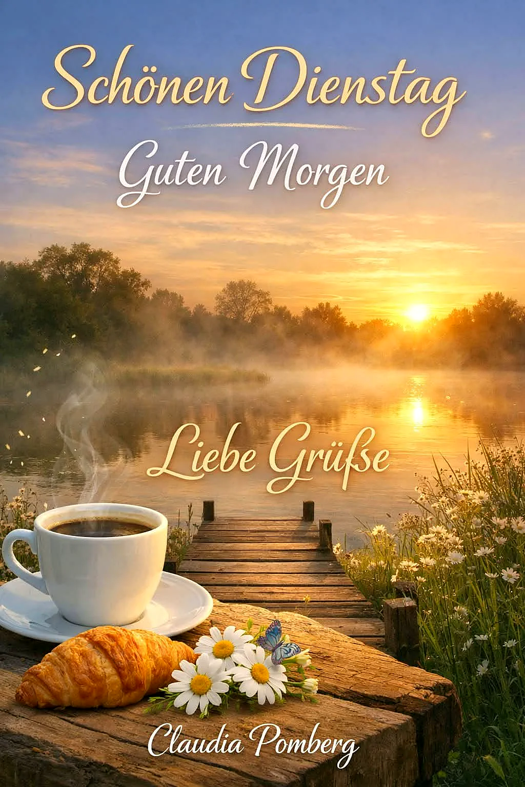 Idyllischer Sonnenaufgang am nebelverhangenen See. Auf einem Holzsteg ein dampfender Kaffee, goldener Croissant und frische Gänseblümchen mit Schmetterling. Eine ruhige Szene für einen produktiven Dienstag voller Fokus und Balance.