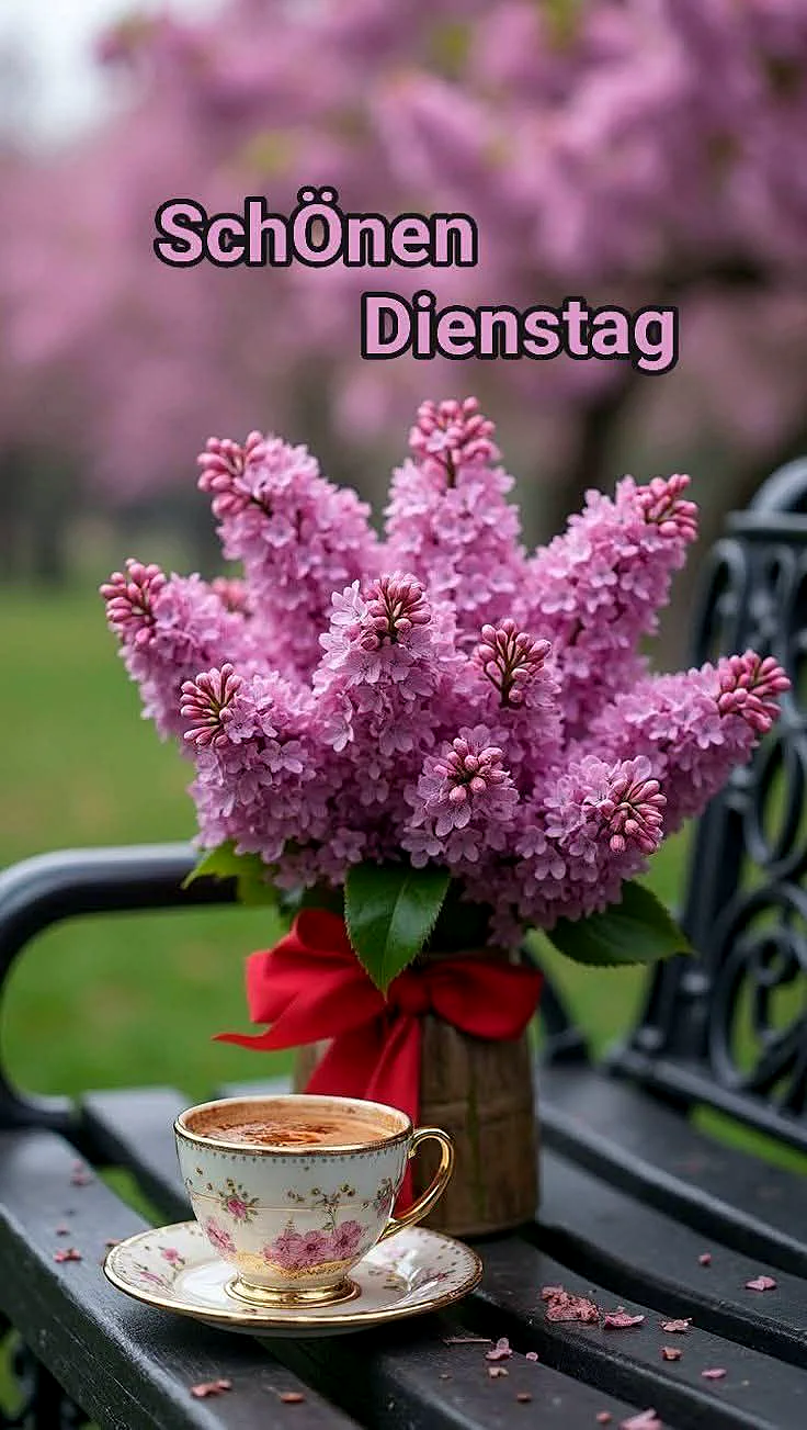 Ein strauch mit rosa Blüten in einem braunen Topf mit roter Schleife, daneben eine Tasse Kaffee auf einem schwarzen Gartensitz