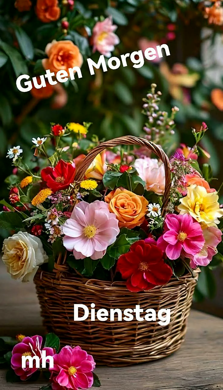 Ein Blumenstrauß in einem Korb auf einem Holztisch, im Hintergrund weitere Blumen.