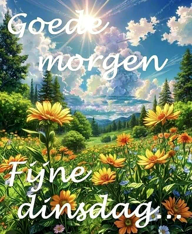 Ein sonniger Morgen in einer blühenden Wiese mit gelben und orangefarbenen Blumen, grünen Bäumen und einem blauen Himmel mit weißen Wolken.