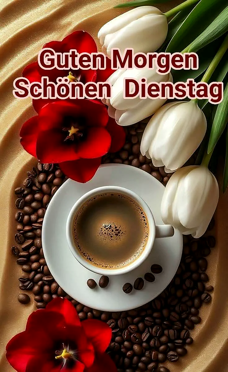 Ein Bild mit einer Tasse Kaffee auf einem goldenen Tuch, umgeben von Kaffeebohnen, roten und weißen Blumen, passend für einen schönen Dienstagmorgen