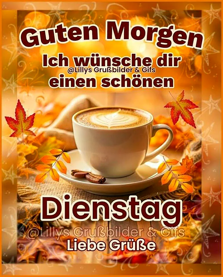 Ein herbstliches Bild mit einer Tasse Kaffee, umgeben von Herbstblättern und Sternen, auf einem rustikalen Hintergrund mit einer warmen Lichtstimmung.