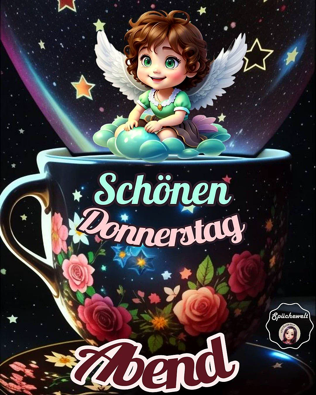 Ein Cartoon Engel sitzt auf einer blauen Kugel in einer Tasse mit Blumenmustern vor einem sternenklaren Nachthimmel.