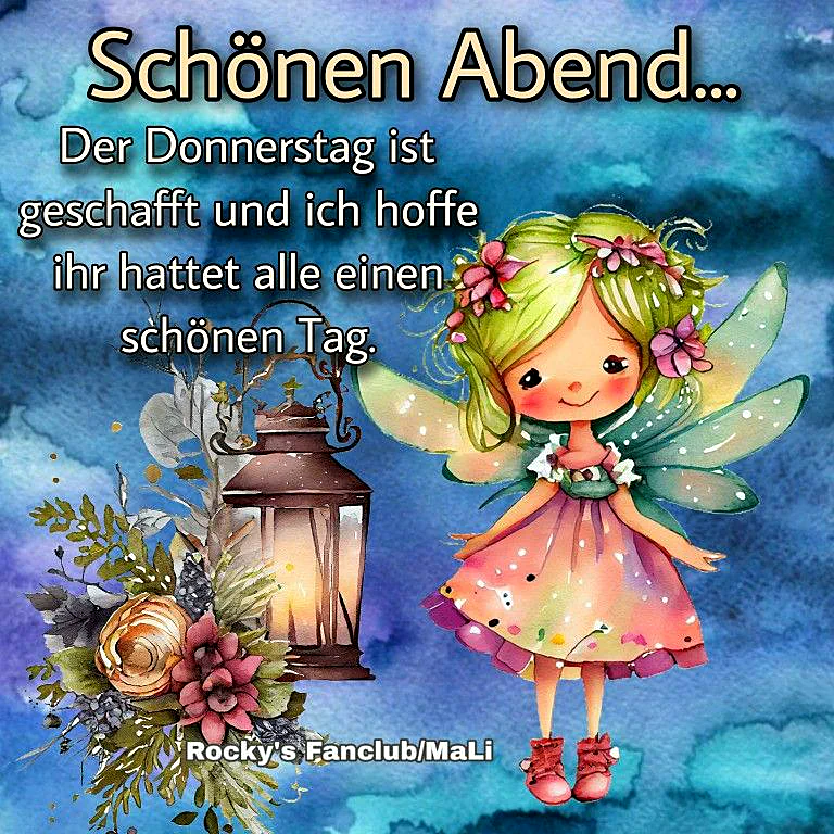Ein Cartoon-Mädchen mit grünen Haaren und Flügeln steht neben einer Laterne und Blumen. Der Hintergrund ist ein Wasserfarbhintergrund in Blau- und Violetttönen.