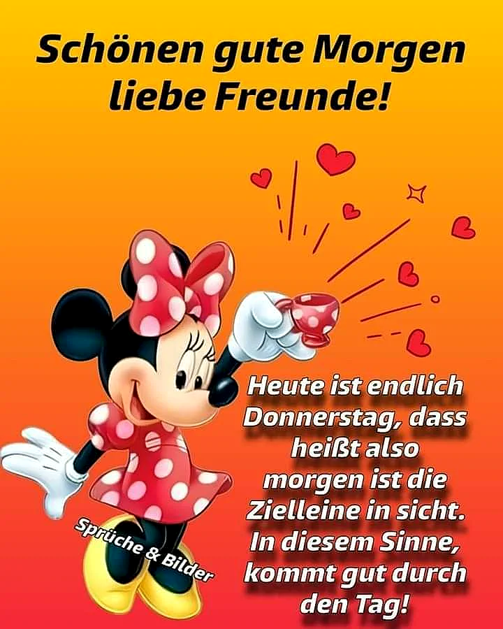 Ein Bild von Minnie Maus, die einen Kaffee trinkt, umgeben von Herzchen und einem orange-roten Hintergrund.