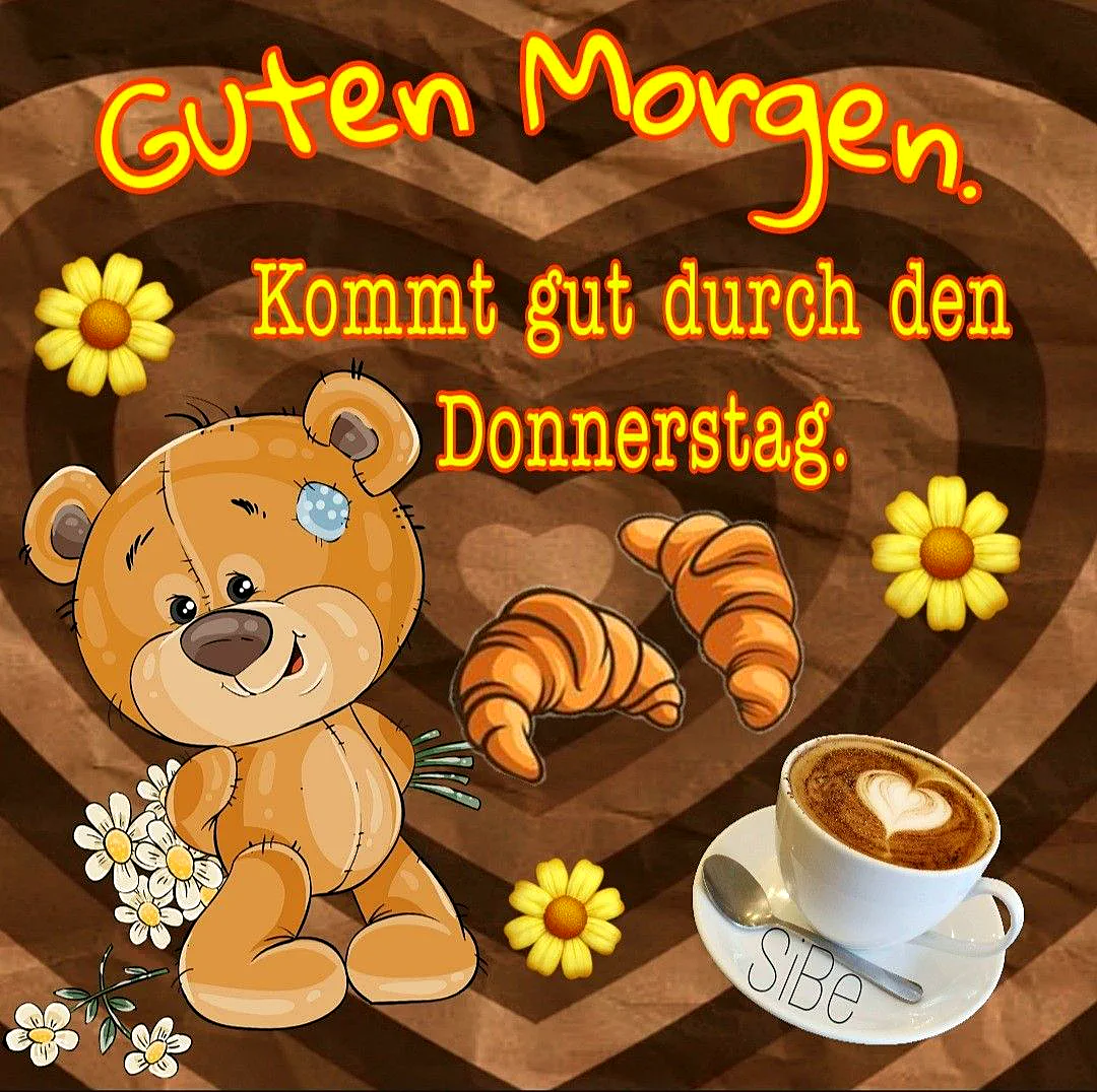 Ein Cartoon-Teddybär sitzt auf einem braunen Hintergrund mit Herz-Muster, umgeben von gelben und weißen Blumen. Neben ihm liegen ein Croissant und eine Tasse Kaffee mit Herz-Muster auf einem Teller.