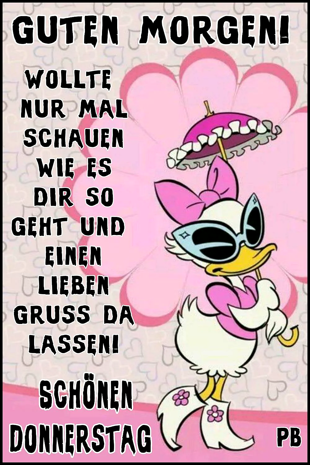Ein Cartoon-Bild von Daisy Duck mit rosa Hut, Sonnenbrille und Regenschirm vor einem rosa Hintergrund mit Herz-Muster. Sie trägt ein rosa Kleid und hat ein freundliches Lächeln aufgesetzt.