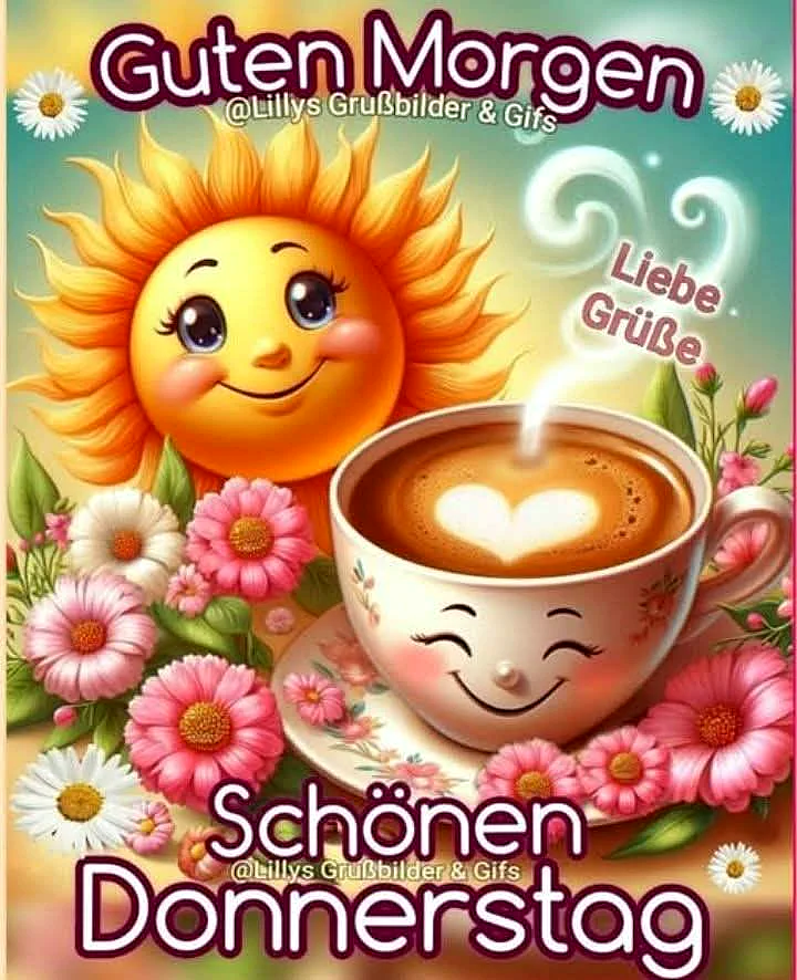 Ein cartoonartiges Sonnengesicht mit Blumen und einer Tasse Kaffee mit Herz-Muster, umgeben von pinken und weißen Blumen, vor einem grün-gelben Hintergrund.