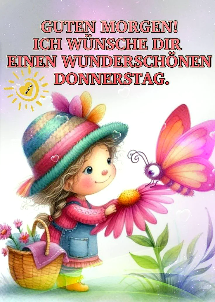 Ein Cartoon-Mädchen in einem bunten Hut hält eine Blume und interagiert mit einem Schmetterling, im Hintergrund ein Korb mit Blumen und ein sonniger Himmel.