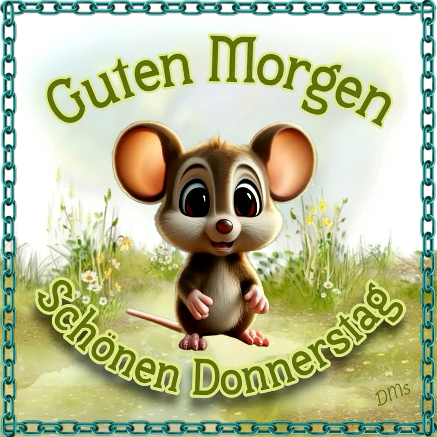 Ein niedliches Cartoon-Mäuschen mit großen Ohren und freundlichen Augen steht in einer grünen Wiese mit Blumen. Es hat eine einladende und freundliche Mimik.