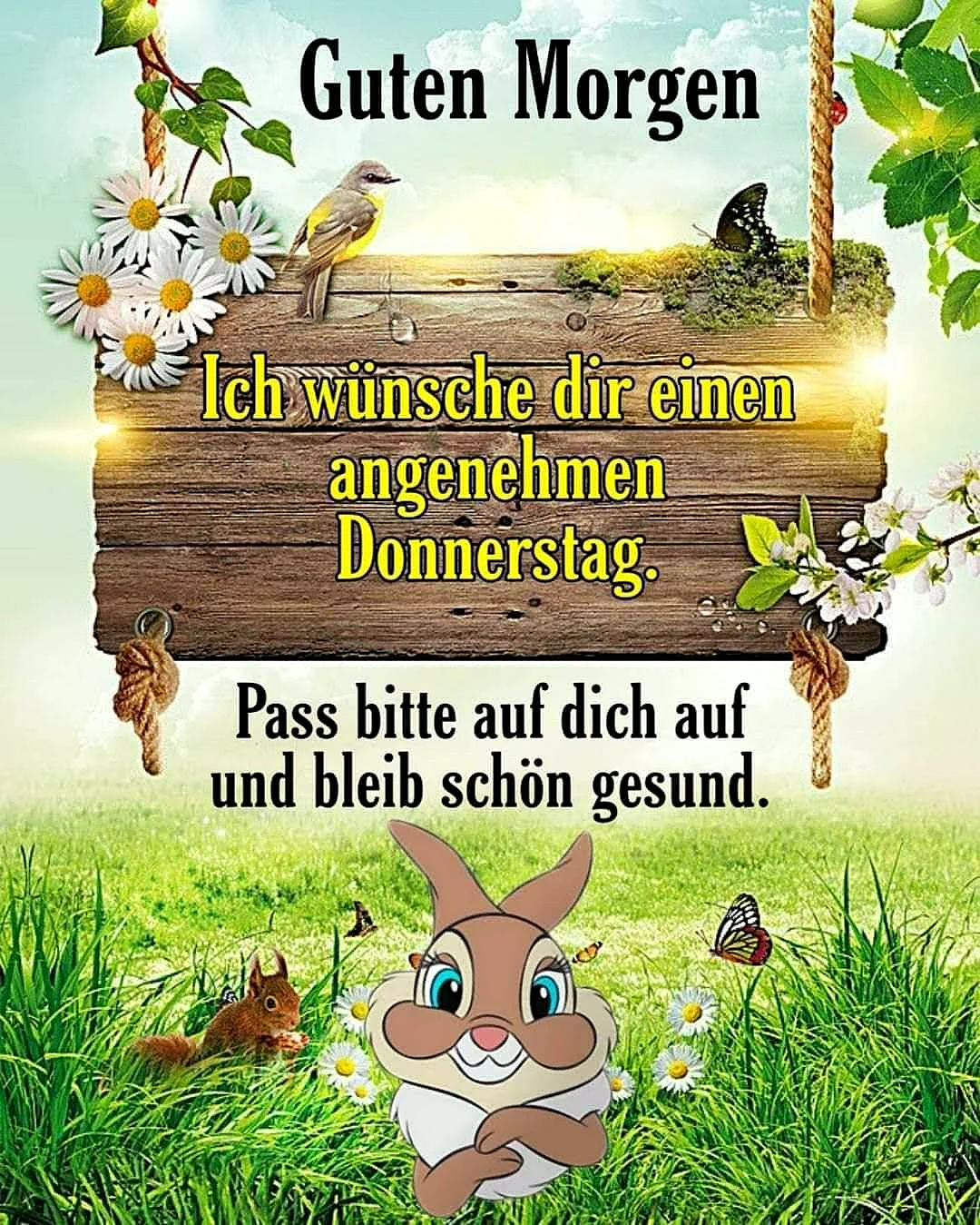 Ein Cartoon-Hase in einem grünen Grasfeld mit Blumen und Schmetterlingen, im Hintergrund ein Holzschild mit einem Vogel und Blumen.