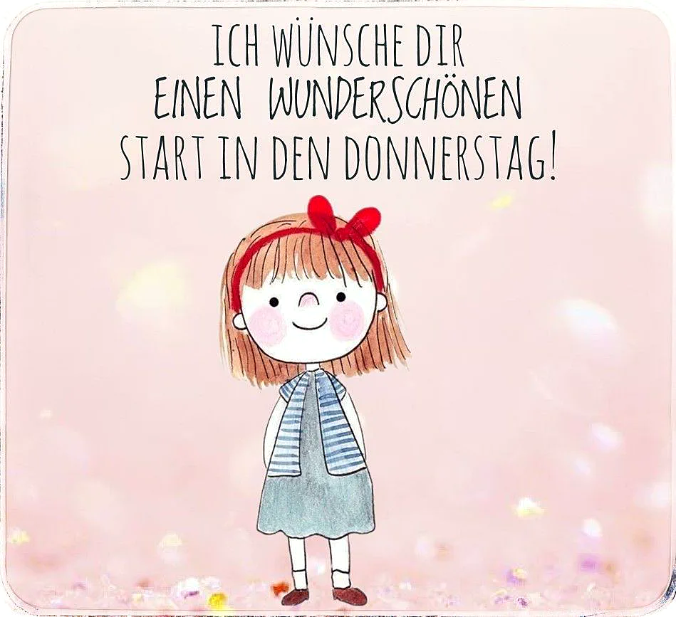 Ein Cartoon-Mädchen mit braunen Haaren und einem roten Haarband steht vor einem rosa Hintergrund mit Glitter. Sie trägt ein blaues Kleid und eine blaue und weiße Jacke.