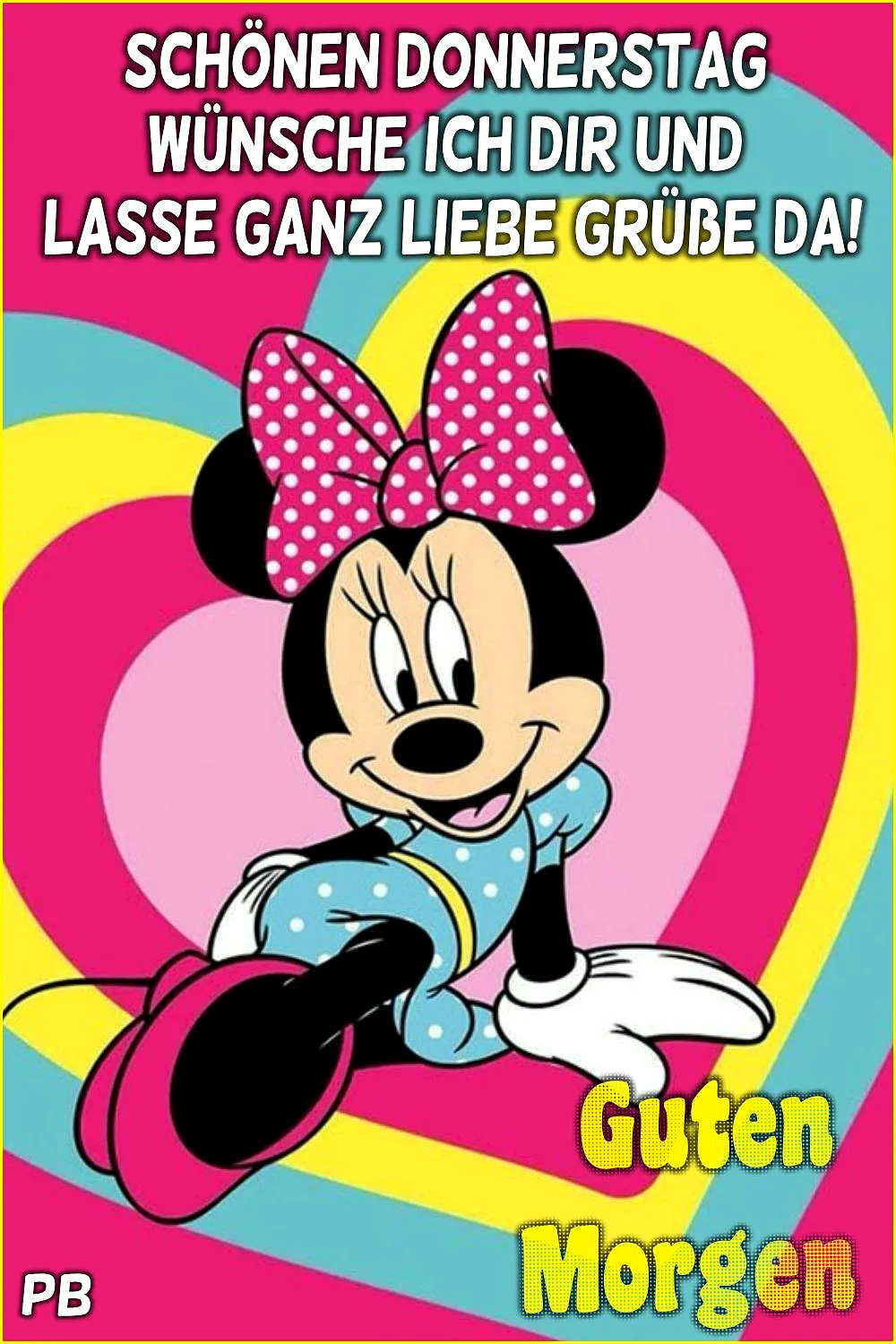 Ein farbenfrohes Bild von Minnie Maus in einem rosa, blauen und gelben Herz, mit einem großen rosa Band im Haar und einem freundlichen Lächeln.
