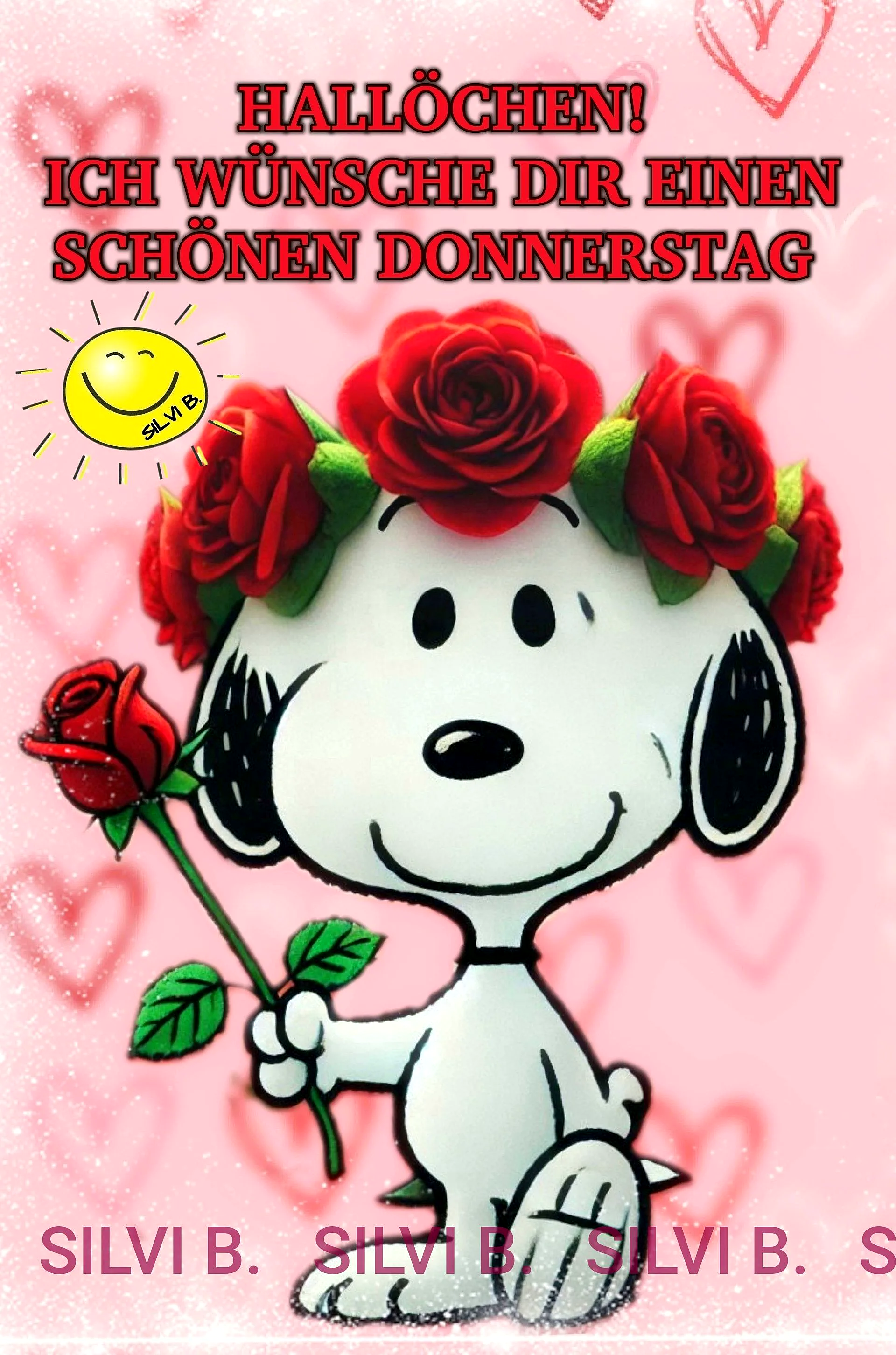 Ein Cartoon-Hund mit einem Rosenkranz auf dem Kopf hält eine Rose in der Pfote vor einem rosa Hintergrund mit Herzsymbolen