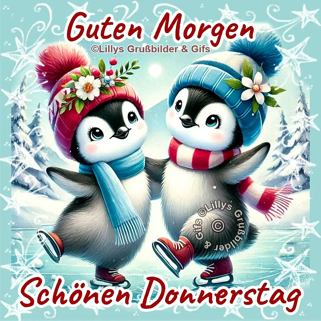 Ein digitales Bild von zwei Pinguinen, die Schlittschuh laufen, im Hintergrund eine winterliche Landschaft mit Schnee und Sternen