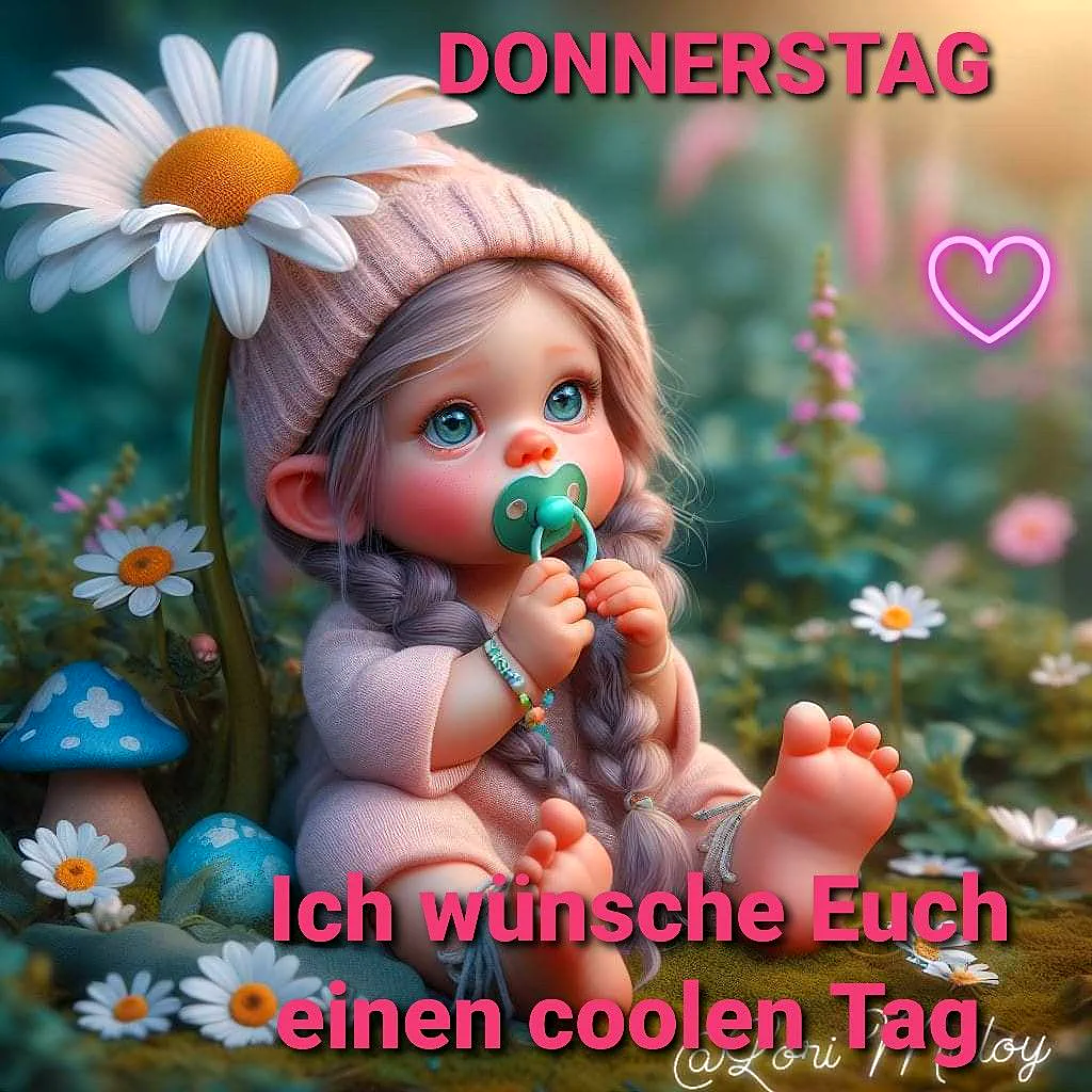 Ein süßes Mädchen mit langen Haaren und rosa Hut sitzt im Blumenfeld, hält einen Schnuller in den Händen und hat ein Bein angezogen. Der Hintergrund zeigt ein Blumenfeld mit weißen und rosa Blüten.