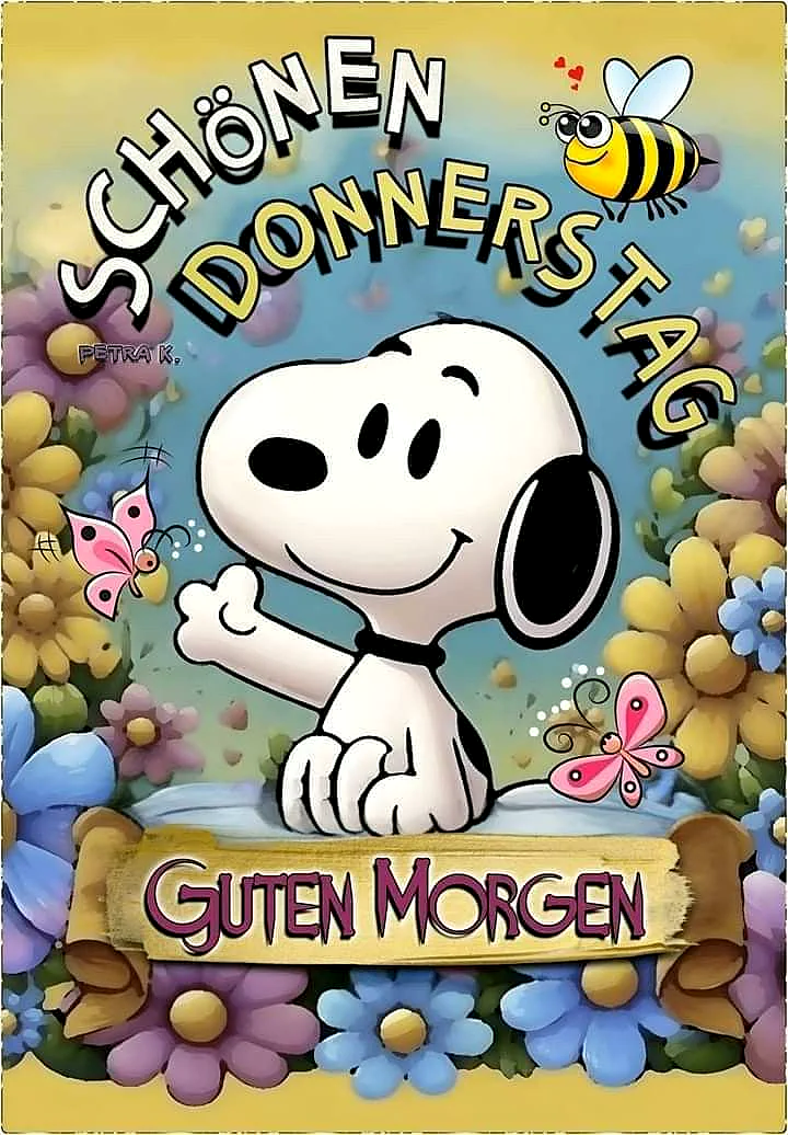 Ein Cartoon von Snoopy, umgeben von Blumen, Schmetterlingen und einer Biene, mit einem gelben und blauen Hintergrund.