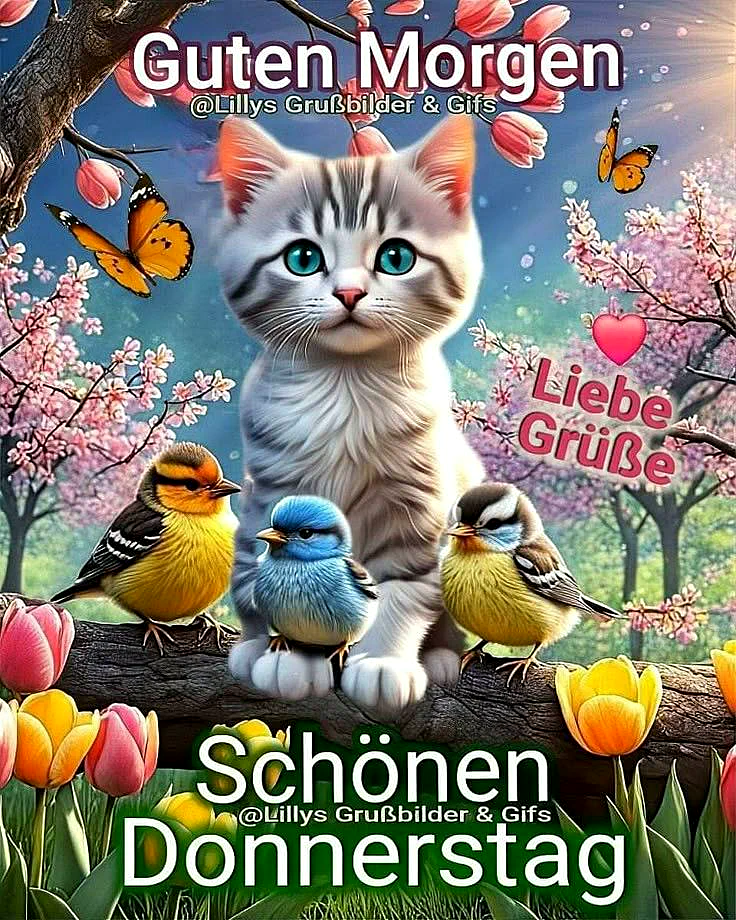Ein niedliches Katzenbaby sitzt auf einem Baumstamm, umgeben von drei kleinen Vögeln, die auf dem Ast sitzen. Der Hintergrund zeigt einen blauen Himmel mit rosa blühenden Bäumen, Tulpen und Schmetterlingen. Die Katze hat hellblaue Augen und ein freundliches Gesicht.