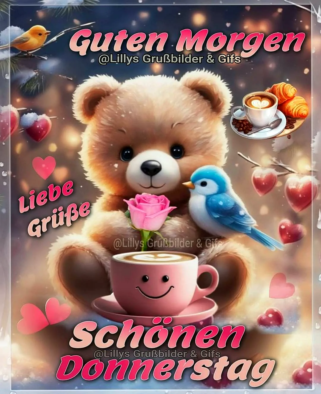 Ein niedliches Teddybärchen sitzt mit einer rosa Rose im Mund und einem blauen Vogel auf der Schulter neben einer rosa Kaffeetasse. Der Hintergrund ist mit rosa Herzen und verschiedenen Symbolen dekoriert.