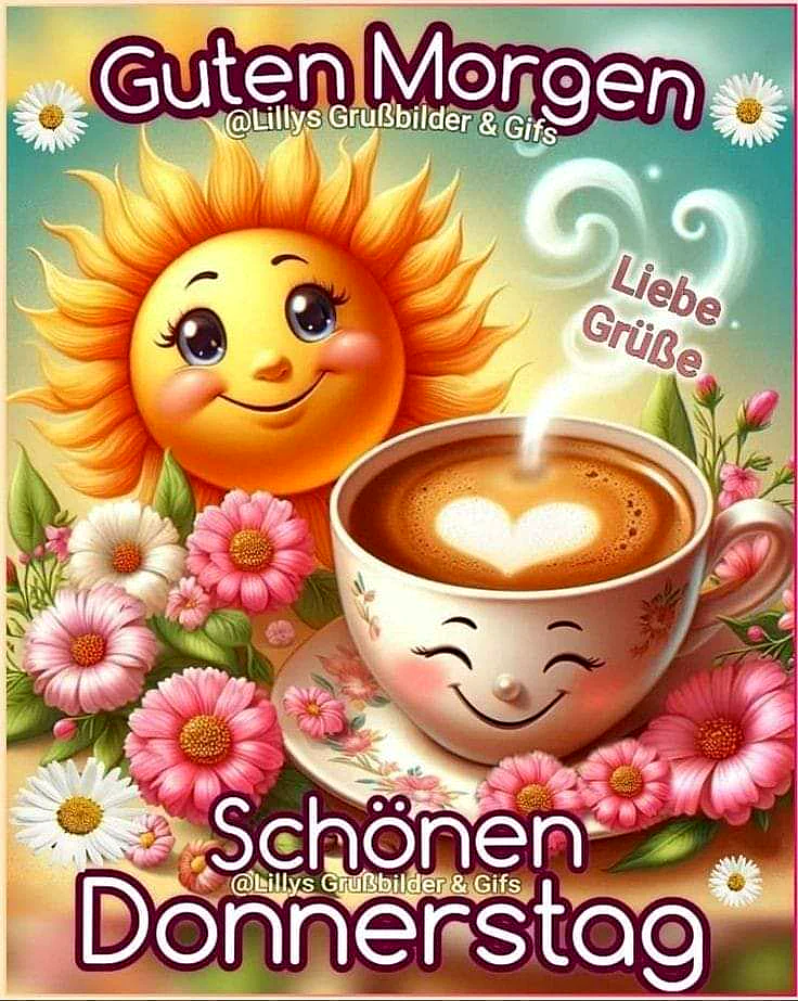 Ein cartoonartiges Sonnengesicht mit Blumen und einer Tasse Kaffee, die ein Herz auf dem Schaum hat.
