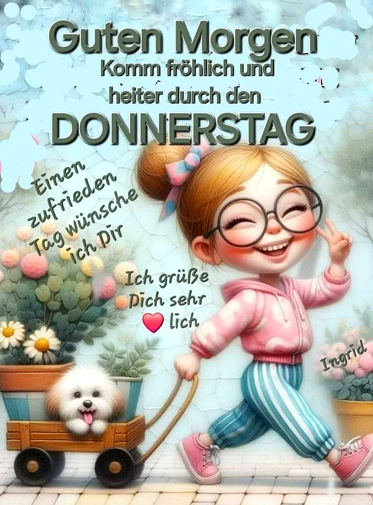 Ein Cartoon-Mädchen mit Brille und Pferdeschwanz zieht einen kleinen Hund in einem Wagen. Sie trägt eine rosa Jacke, blaue Streifenbeine und rosa Schuhe. Im Hintergrund Blumen und ein hellblauer Himmel.