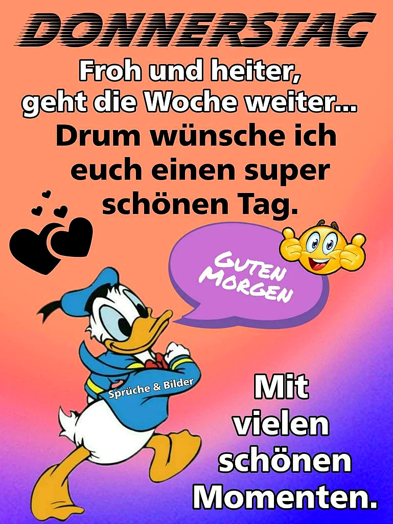 Ein farbenfrohes Bild mit Donald Duck, der einen blauen Hut und ein blaues Hemd trägt, vor einem orange-pink-violetten Hintergrund. Neben ihm ein gelber Smiley und ein schwarzes Herz. Der Text 'Guten Morgen' erscheint in einem Sprechblasen.