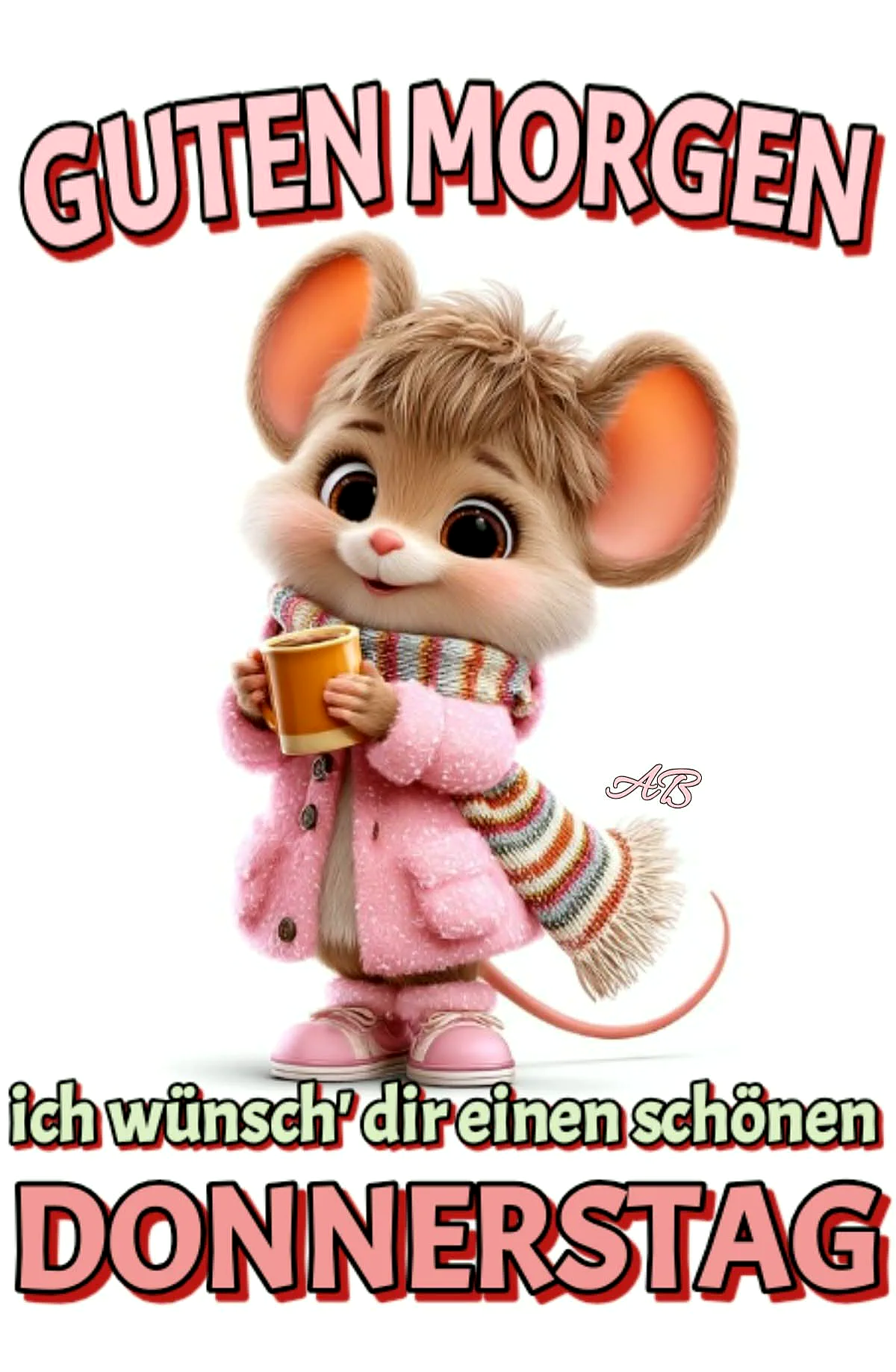 Ein niedliches Cartoon-Mäuschen in rosa Kleidung hält eine Tasse Kaffee und trägt einen Schal. Es hat große, freundliche Augen und einen kleinen rosa Schnurrbart. Der Hintergrund ist weiß.