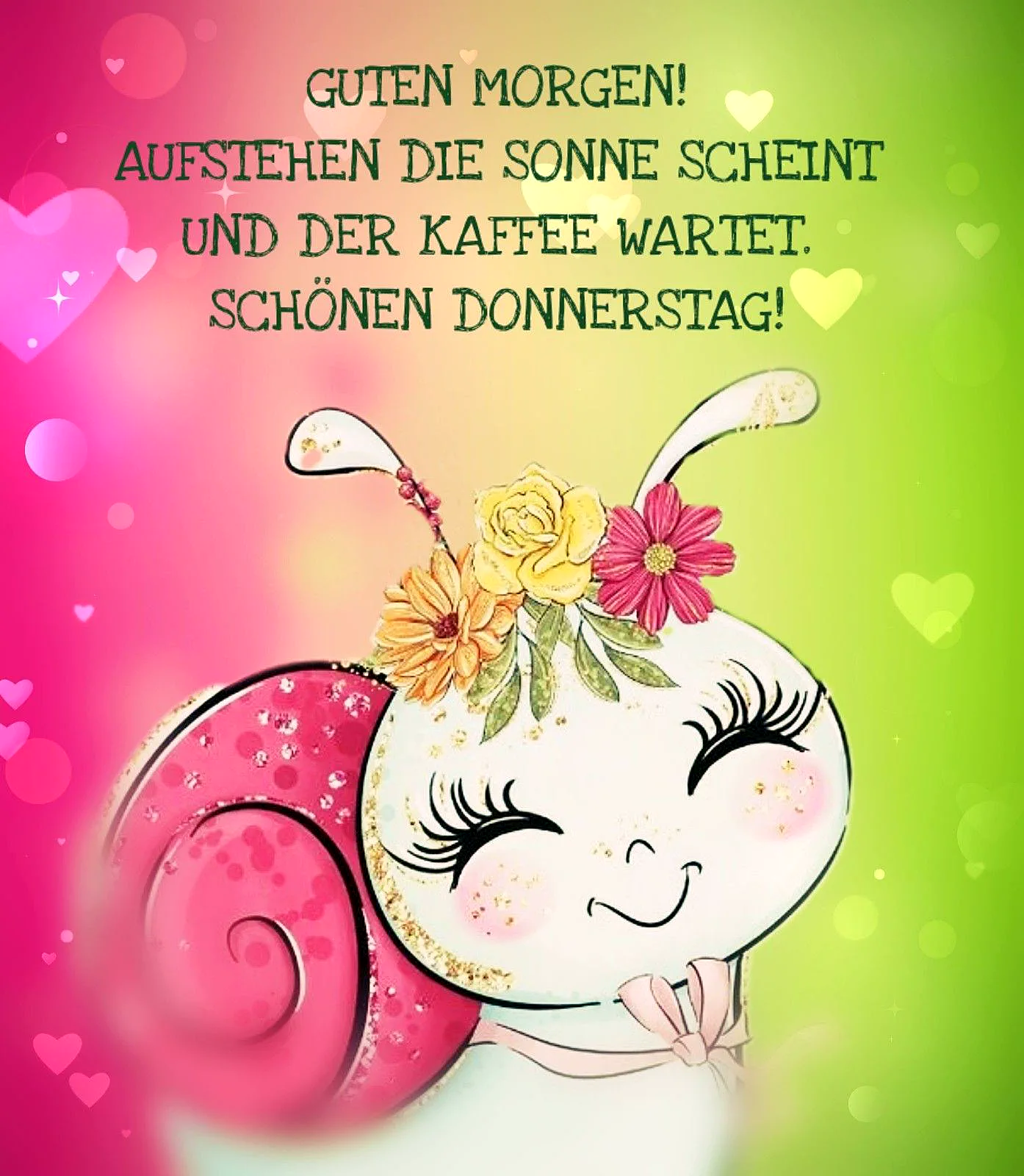 Ein Cartoon-Schnecke mit Blumen auf dem Kopf, rosa Schwanz und geschlossenen Augen, vor einem regenbogenfarbenen Hintergrund mit Herzchen und Sternen.
