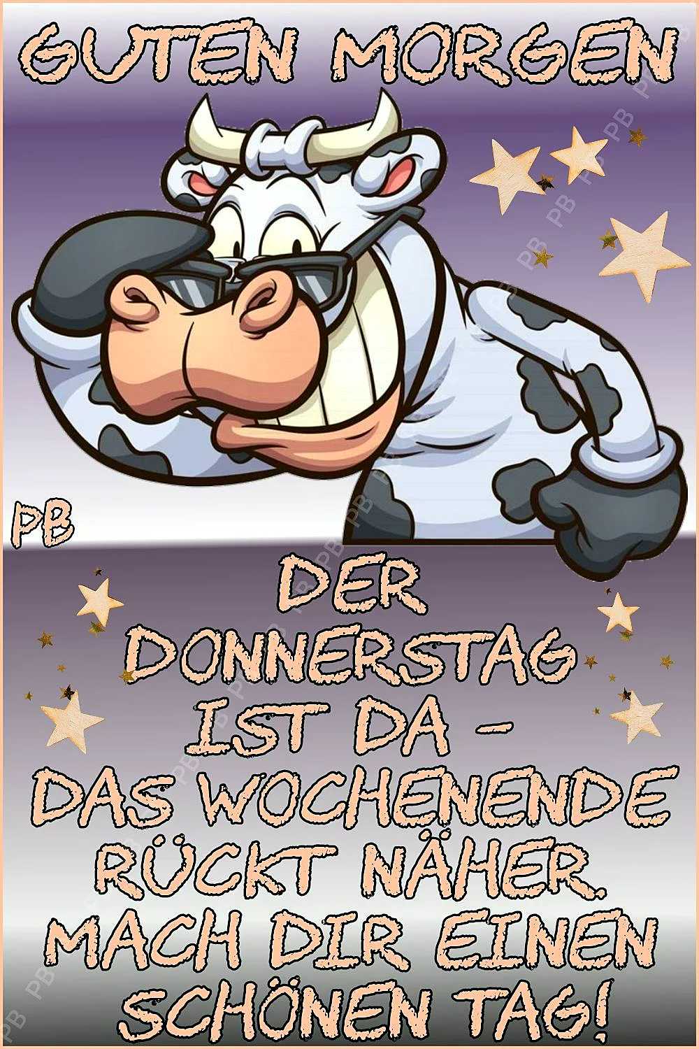Ein cartoonartiges Bild einer Kuh mit Sonnenbrille, die sich reckt. Der Hintergrund ist ein Übergang von Hell- zu Dunkelblau mit Sternen.