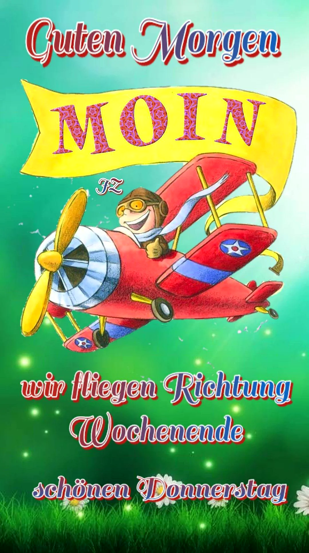 Ein Cartoon von einem Mann in einem roten Flugzeug mit gelben Propeller vor einem grünen Hintergrund mit Gras und Blumen, ein gelbes Banner mit 'Moin' und Texten in verschiedenen Farben