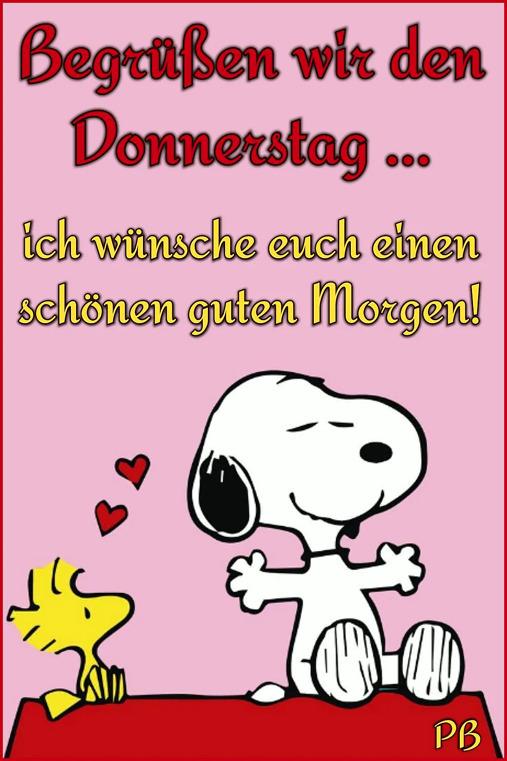 Ein Cartoon-Bild von Snoopy und Woodstock. Snoopy sitzt auf einem roten Objekt, während Woodstock daneben steht. Zwei rote Herzen schweben über Woodstocks Kopf. Der Hintergrund ist rosa.