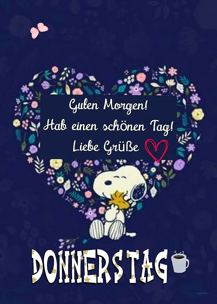 Ein Bild von Snoopy, umgeben von einem Herz aus Blumen, mit einem Kaffee und Schmetterlingen auf dunklem Hintergrund.