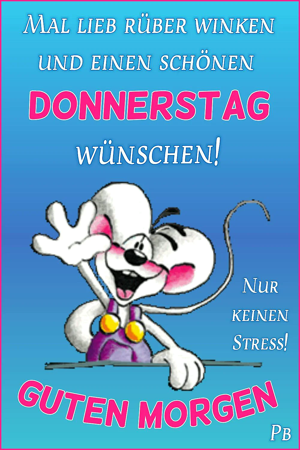 Ein cartoonähnliches weißes Mäuschen mit großen Ohren und rosa Wangen winkt freundlich. Es trägt ein violettes Oberteil mit gelben Knöpfen. Der Hintergrund ist blau, die Texte sind in Weiß und Rosa gehalten.