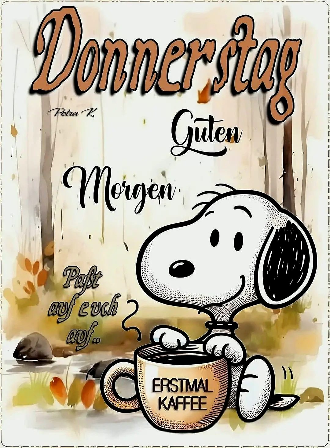 Ein Cartoon von Snoopy, der an einem Waldsee sitzt und aus einer Tasse Kaffee trinkt, im Hintergrund Bäume und Herbstlaub