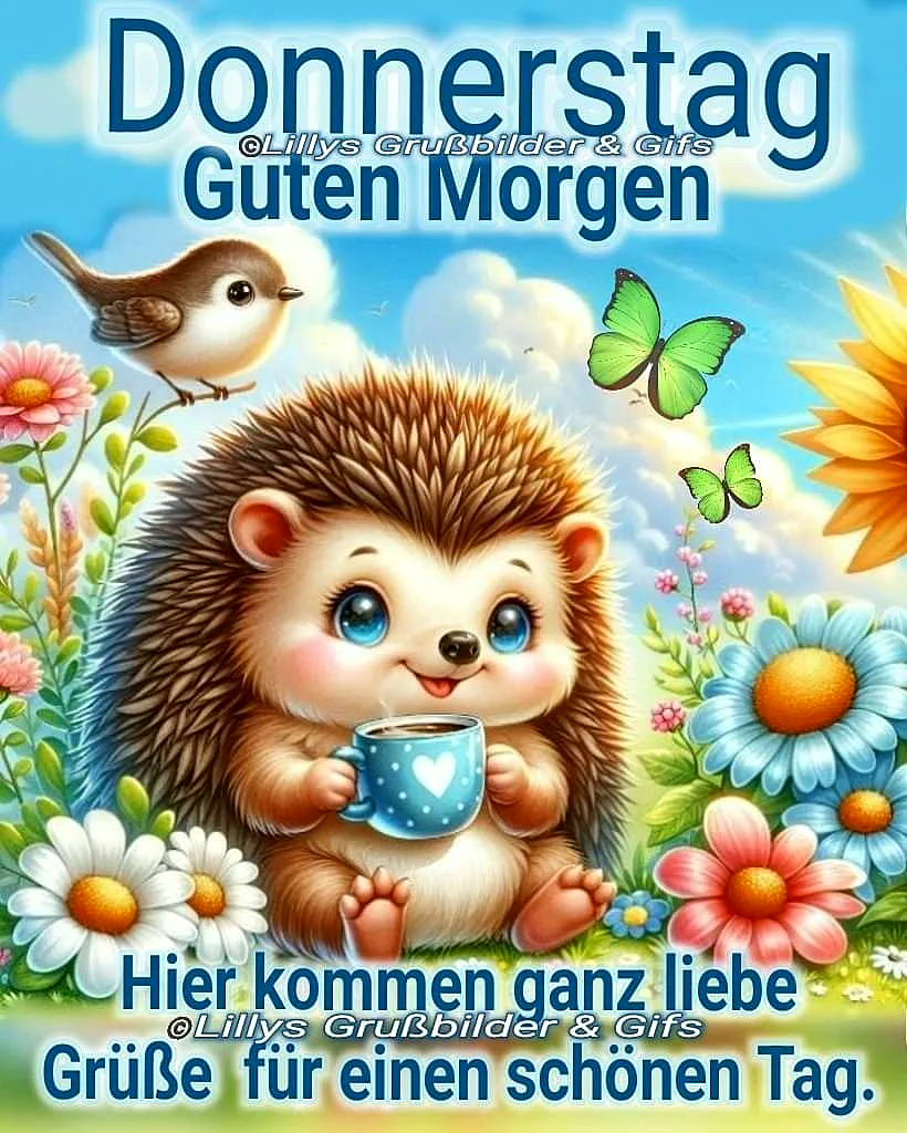 Ein cartoonähnlicher Igel mit großen blauen Augen hält eine blaue Tasse mit einem weißen Herz in den Pfoten. Er sitzt in einer Blumenwiese mit verschiedenen farbenfrohen Blumen, einem Vogel und zwei grünen Schmetterlingen. Der Himmel ist hellblau mit weißen Wolken.