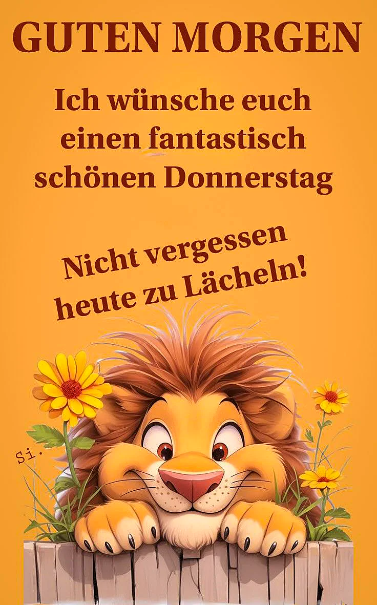 Ein Cartoon-Löwe mit freundlichem Gesichtsausdruck, der über einem Holzzaun schaut, umgeben von gelben Blumen auf orangefarbenem Hintergrund. Der Löwe hat ein freundliches Lächeln auf seinem Gesicht.