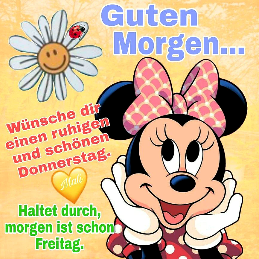 Fröhliche Minnie Maus winkt auf gelbem Hintergrund mit einer lächelnden Gänseblümchen-Blume und einem Marienkäfer, sendet aufmunternde Donnerstagsgrüße mit Vorfreude aufs Wochenende.