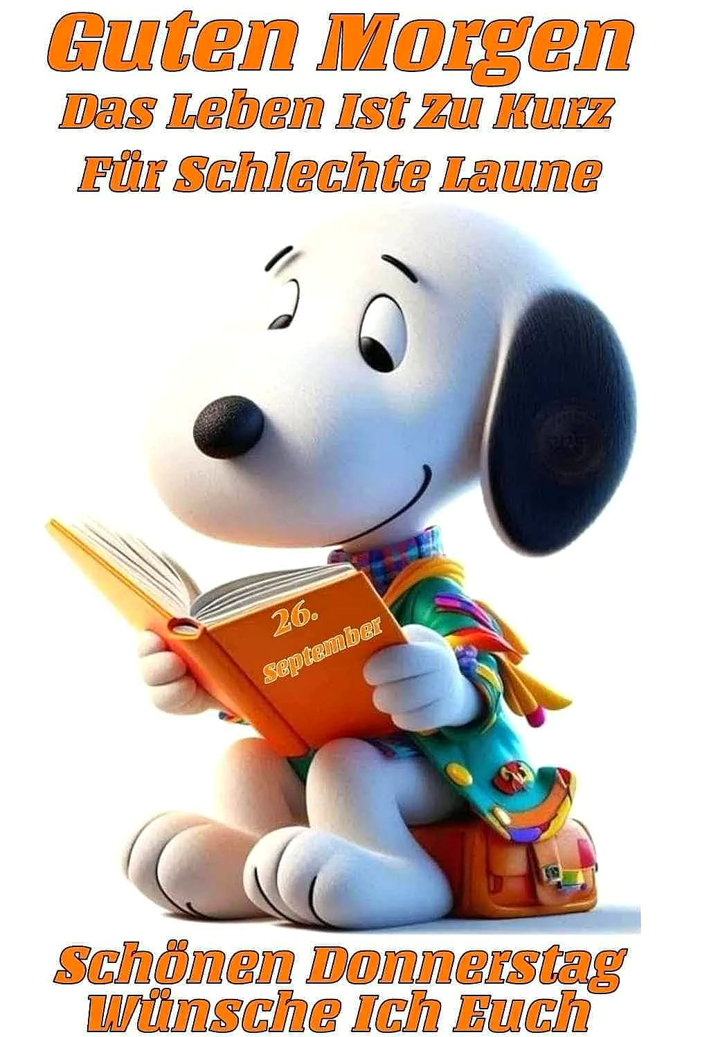 Ein fröhlicher, Snoopy-ähnlicher Cartoon-Hund sitzt lesend in bunter Kleidung mit einem orangefarbenen Buch, auf dem „26. September“ steht. Seine Ausstrahlung ist erwartungsvoll und lädt zur guten Laune am Donnerstag ein.